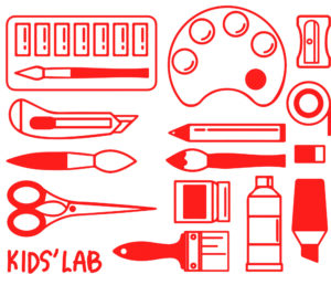 illustration style with red brush showing paints brushes and other material for the lab