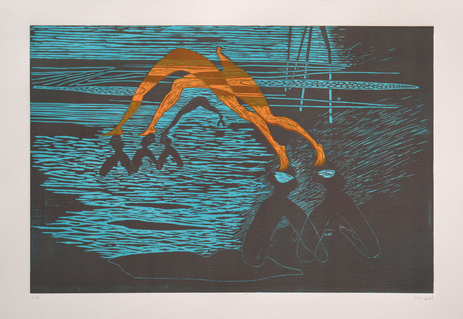 painting with dark colours and an orange fihure in the middle